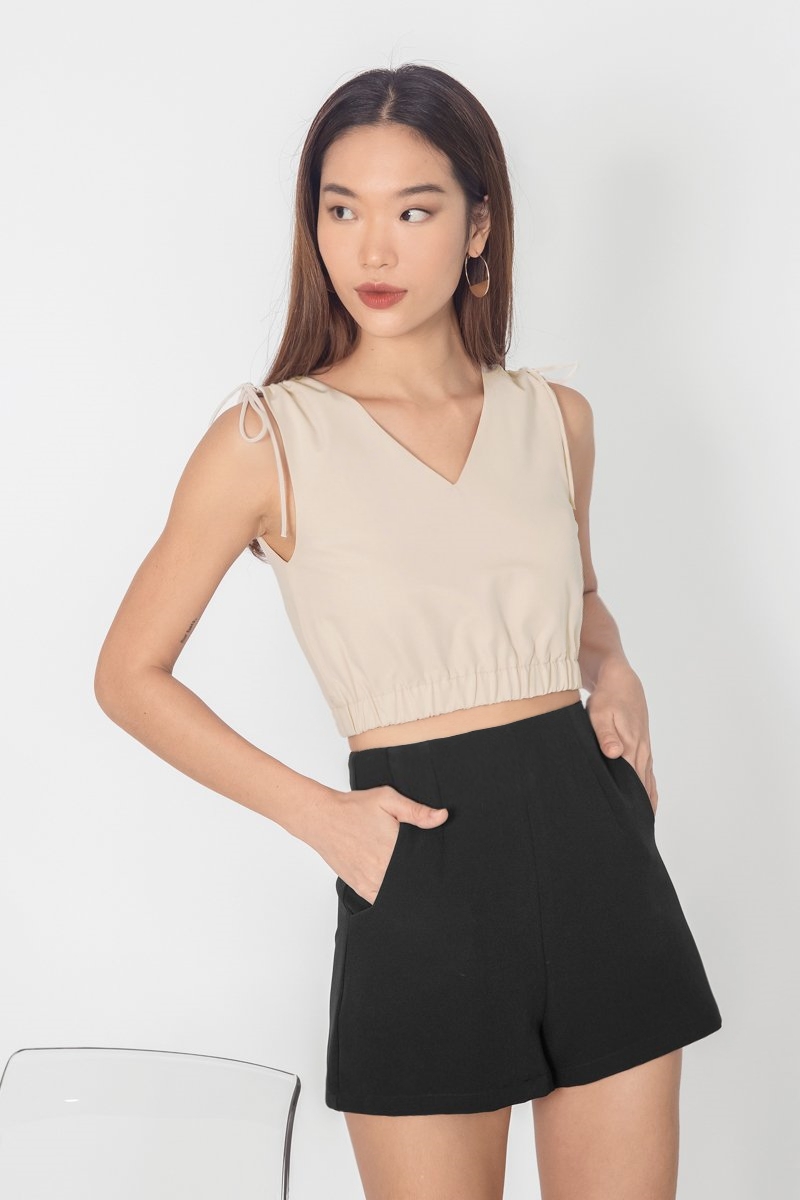 EMBY SCRUNCH SHOULDER CROP TOP MADEBYLOVET SAND Lovet