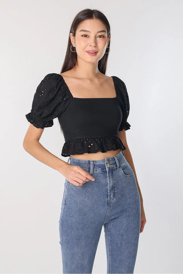 ENYA CONTRAST KNIT EYELET TOP (BLACK)