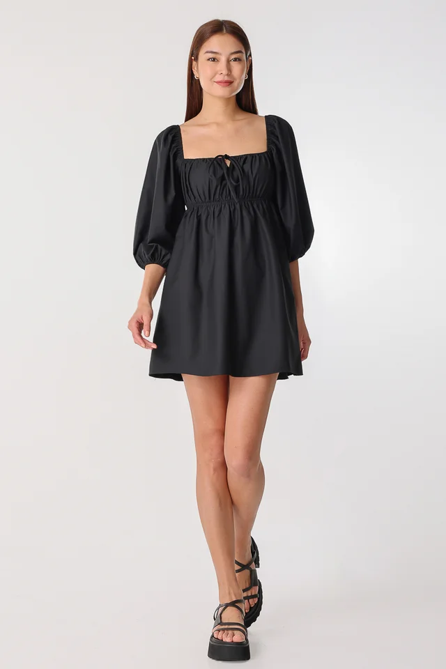 BRINLEY RUCHED BABYDOLL DRESS (BLACK)