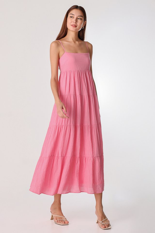 EZLYN TEXTURED TIERED MAXI DRESS (COSMO PINK)
