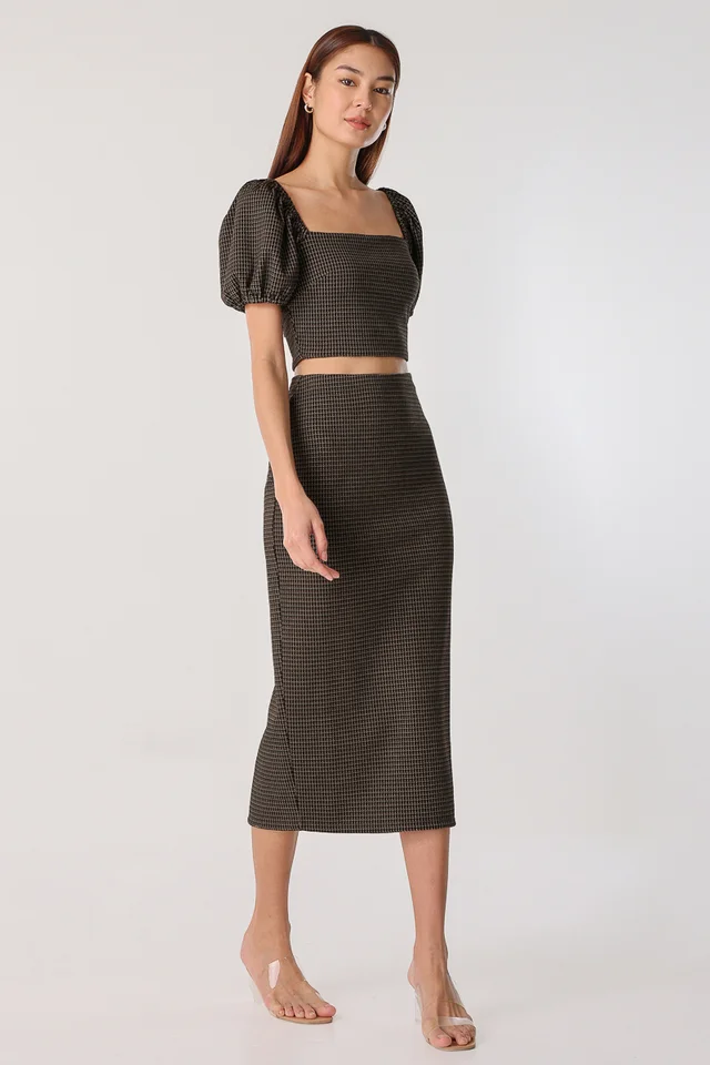 HARPER TAILORED MIDI KNIT SKIRT (UMBER BROWN)