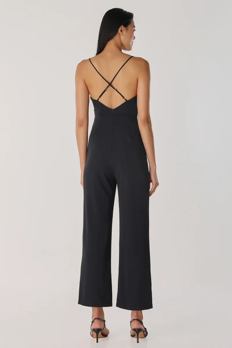 XENIA RUCHED CROSS-BACK JUMPSUIT (BLACK) | Lovet