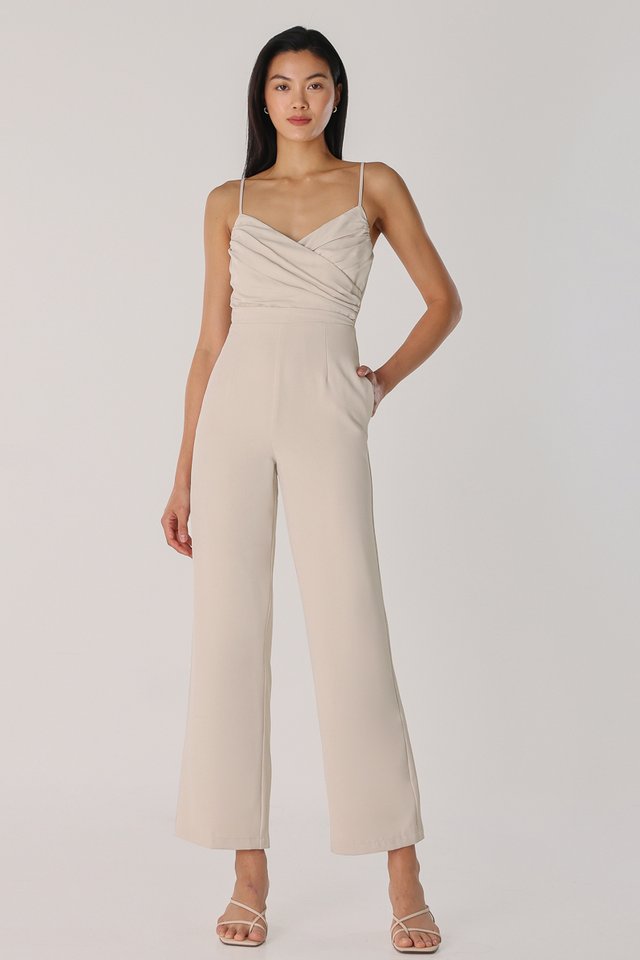 XENIA RUCHED CROSS-BACK JUMPSUIT (MATTE PEARL)