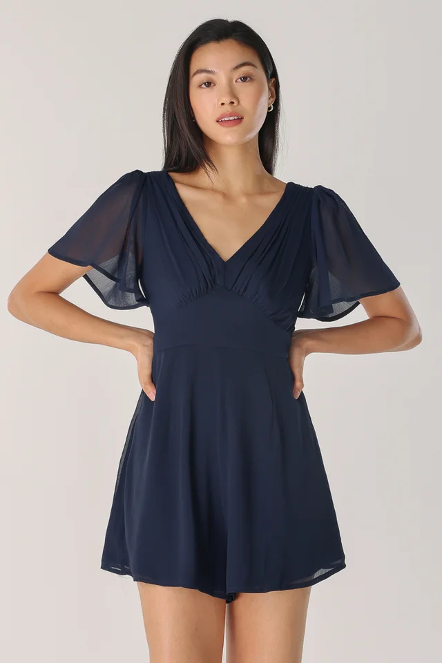 SASHA RUCHED FLUTTER SLEEVE ROMPER (MIDNIGHT BLUE)