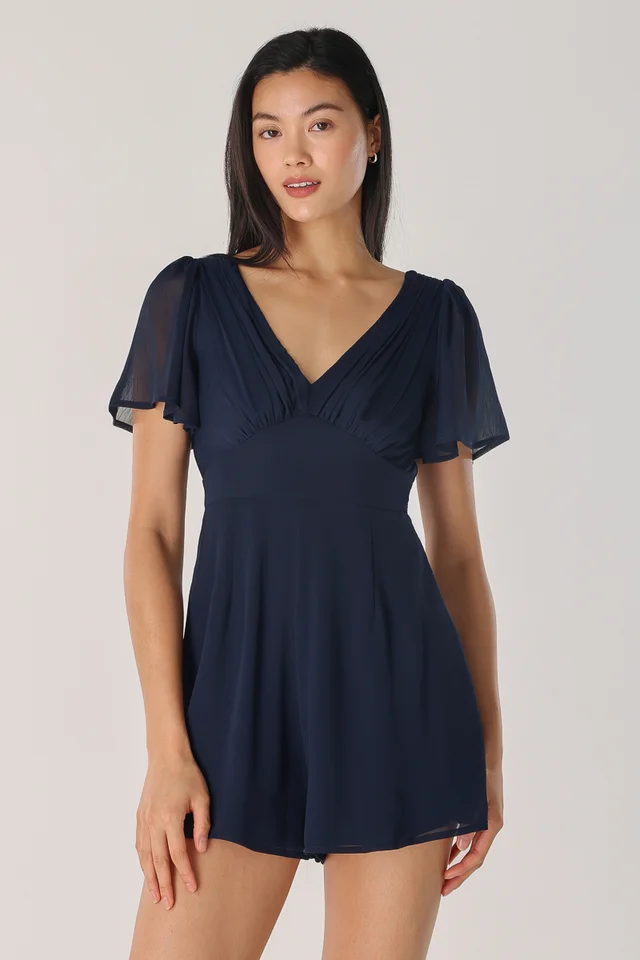 SASHA RUCHED FLUTTER SLEEVE ROMPER (MIDNIGHT BLUE)