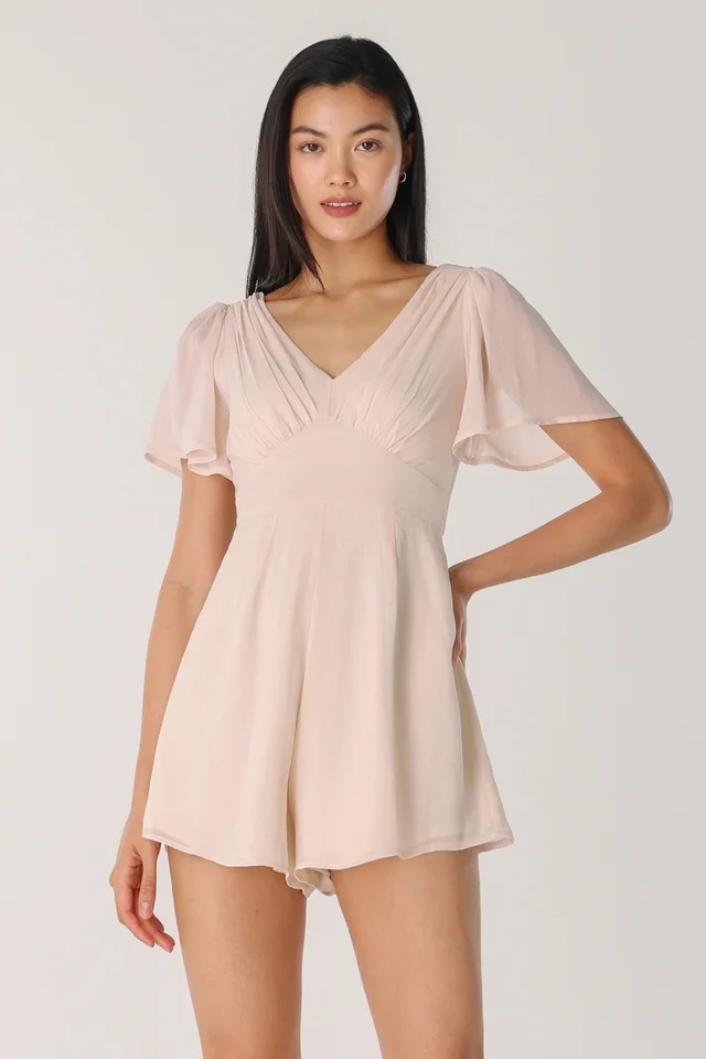 SASHA RUCHED FLUTTER SLEEVE ROMPER (CHAMPAGNE)