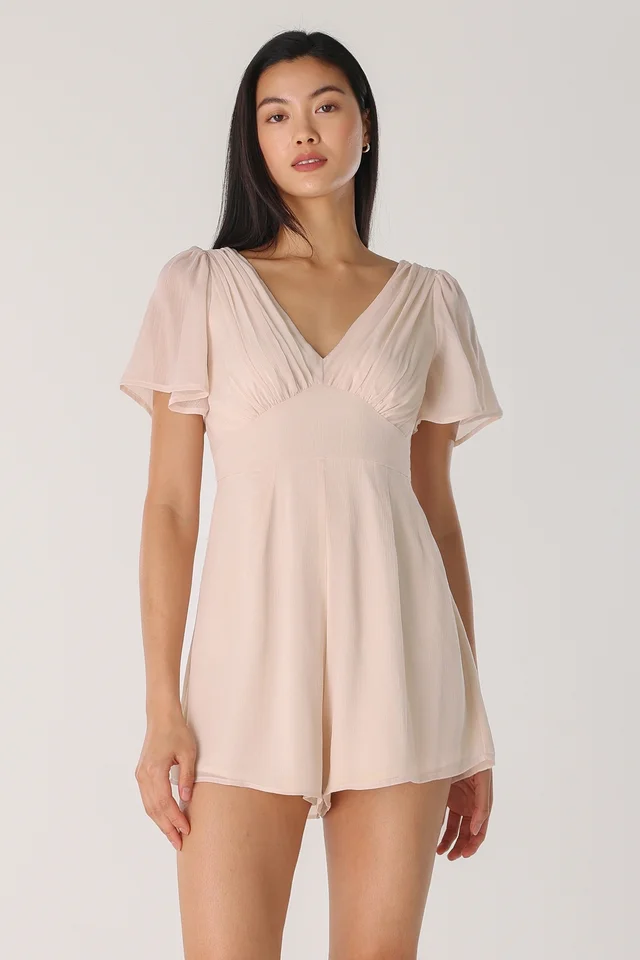 SASHA RUCHED FLUTTER SLEEVE ROMPER (CHAMPAGNE)