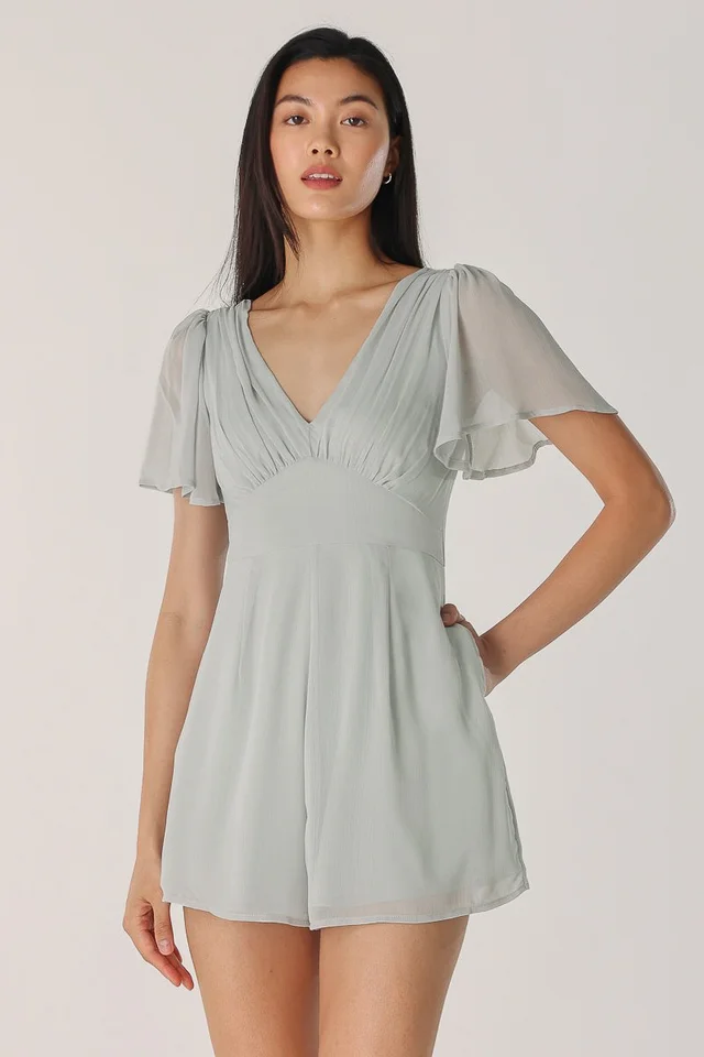 SASHA RUCHED FLUTTER SLEEVE ROMPER (DUST SAGE)