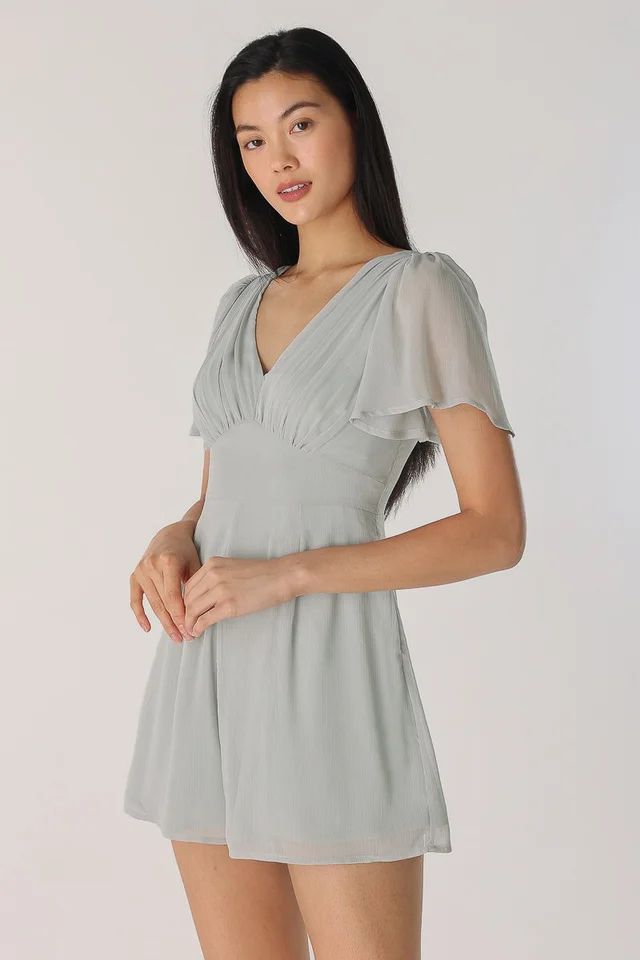 SASHA RUCHED FLUTTER SLEEVE ROMPER (DUST SAGE)