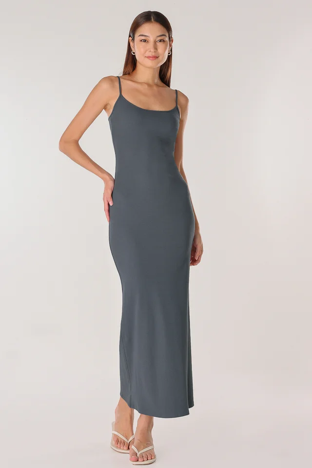 SECOND SKIN RIBBED CAMI MAXI DRESS (ASH BLUE)