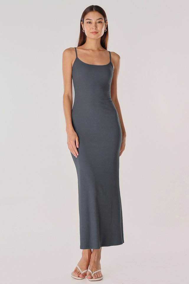 SECOND SKIN RIBBED CAMI MAXI DRESS (ASH BLUE)