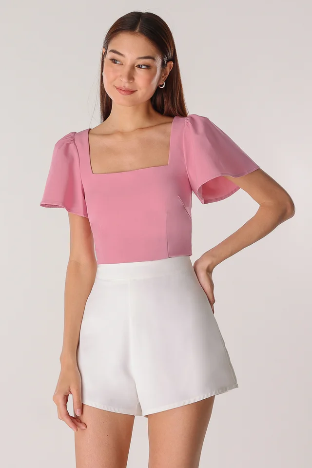 WILLOW FLUTTER SLEEVE SQUARE NECK TOP (ROGUE PINK)