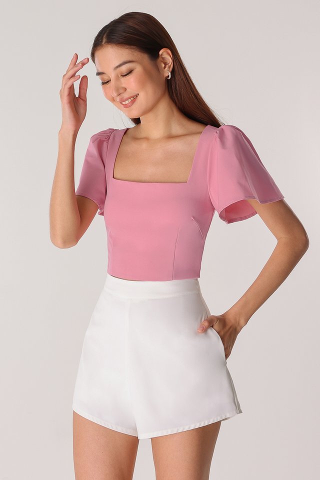 WILLOW FLUTTER SLEEVE SQUARE NECK TOP (ROGUE PINK)