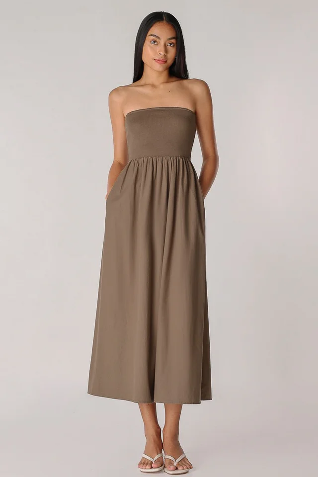 SHEENA CONTRAST KNIT TUBE MIDAXI (BROWN)