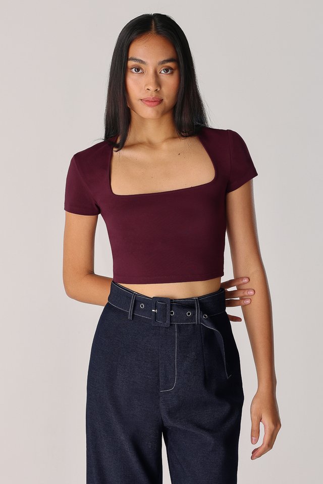 SIENNA CUT-IN BASIC RIBBED TOP - CROPPED (MAROON)