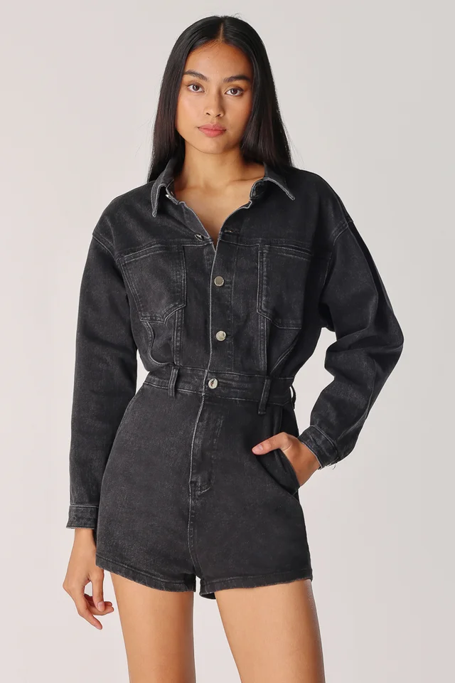 DOWNTOWN GAL DENIM SHIRT ROMPER (BLACK)