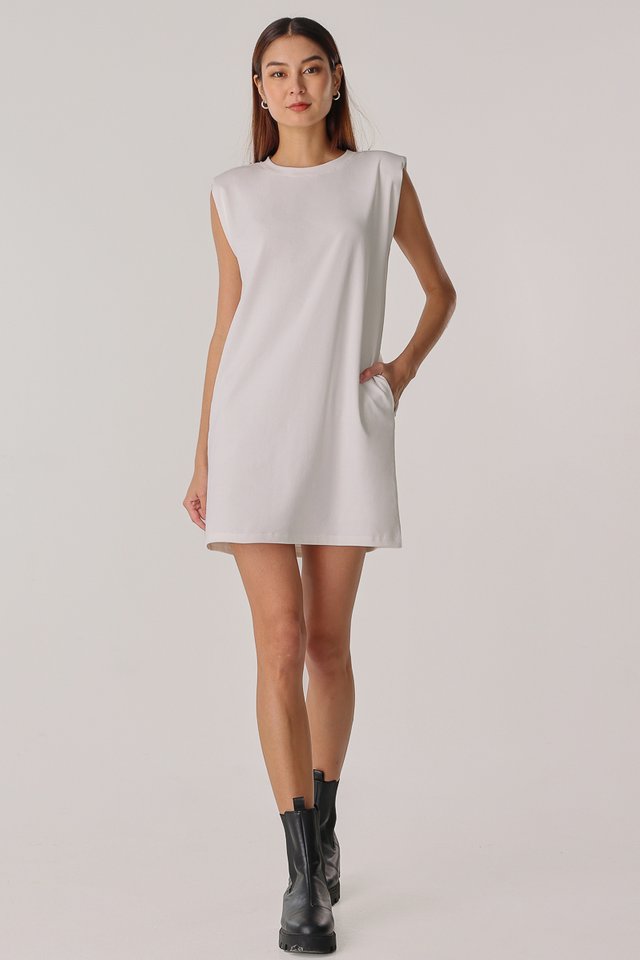 LORNA PADDED SHOULDER DRESS (WHITE)