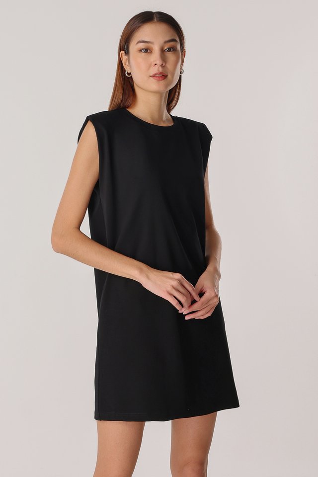 LORNA PADDED SHOULDER DRESS (BLACK)