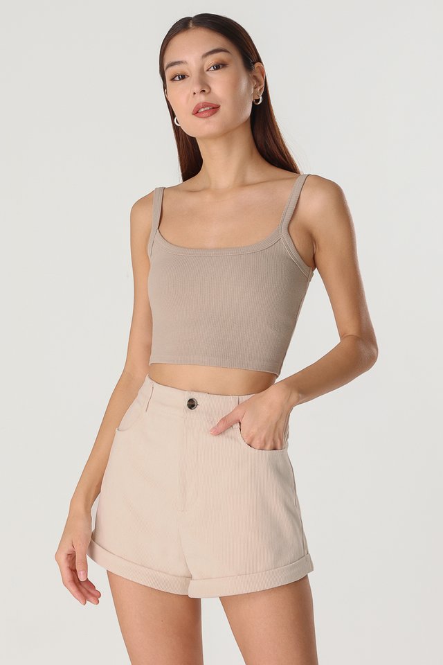 ANNETTE REVERSIBLE PADDED RIBBED TOP - CROPPED (DUNE)