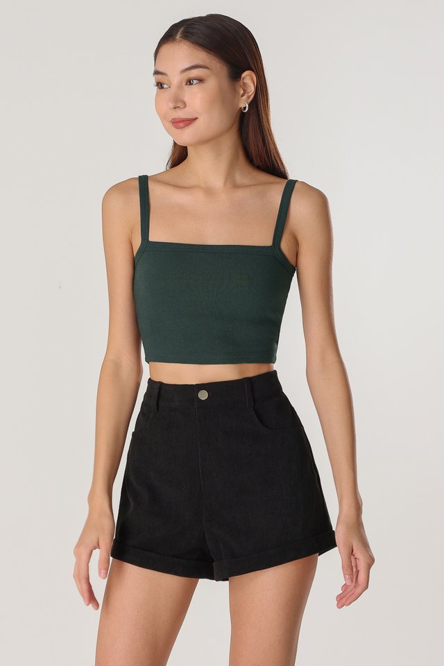 ANNETTE REVERSIBLE PADDED RIBBED TOP - CROPPED (HUNTER GREEN)