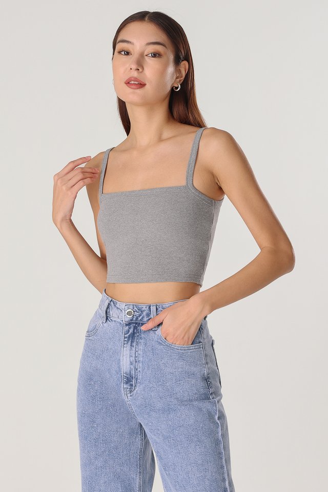 ANNETTE REVERSIBLE PADDED RIBBED TOP - CROPPED (HEATHER GREY)