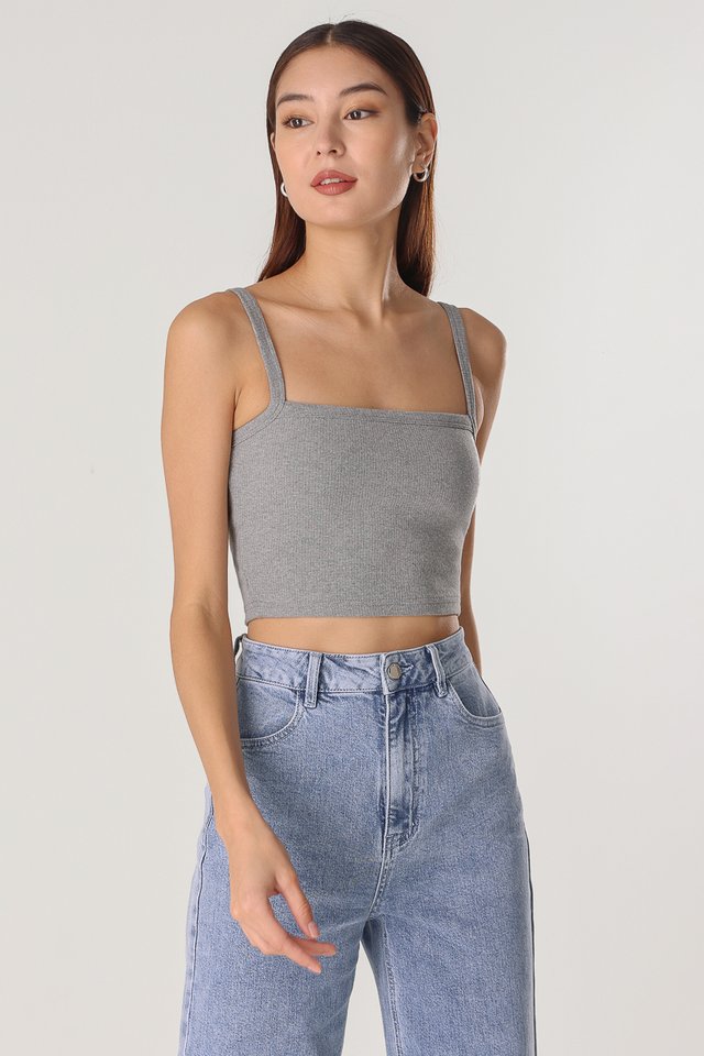 ANNETTE REVERSIBLE PADDED RIBBED TOP - CROPPED (HEATHER GREY)