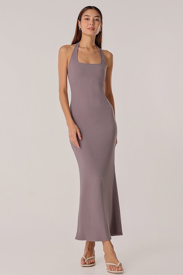 AILEY PADDED HALTER RIBBED MAXI DRESS (DEEP TAUPE)