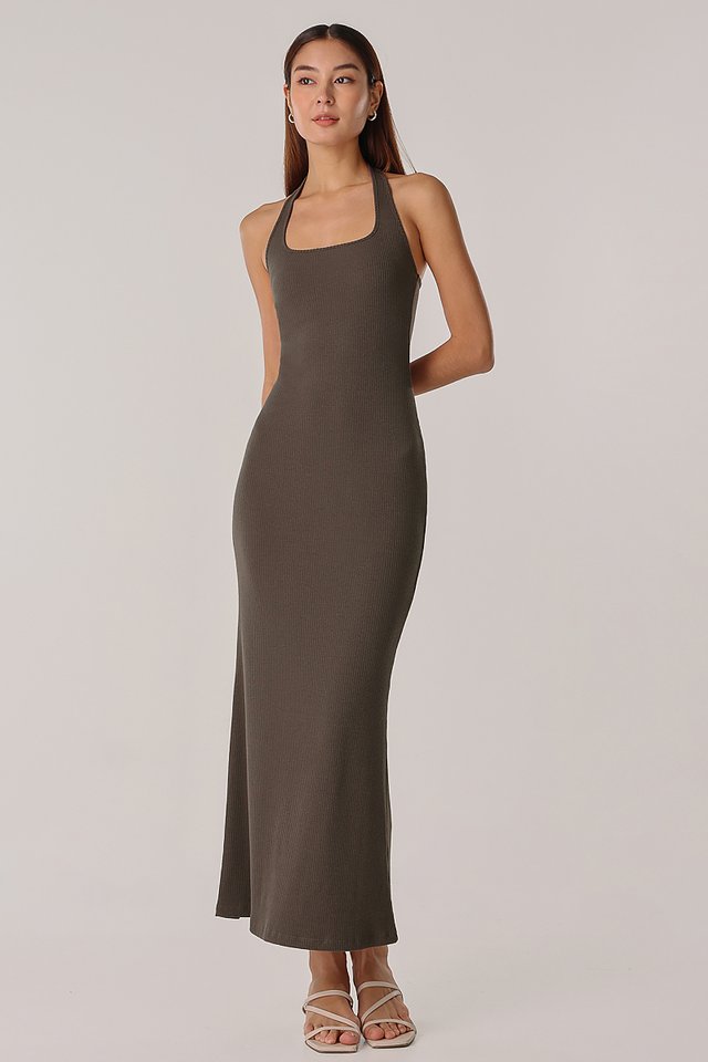 AILEY PADDED HALTER RIBBED MAXI DRESS (ESPRESSO)