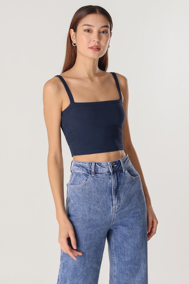 ANNETTE REVERSIBLE PADDED RIBBED TOP - CROPPED (OXFORD BLUE)