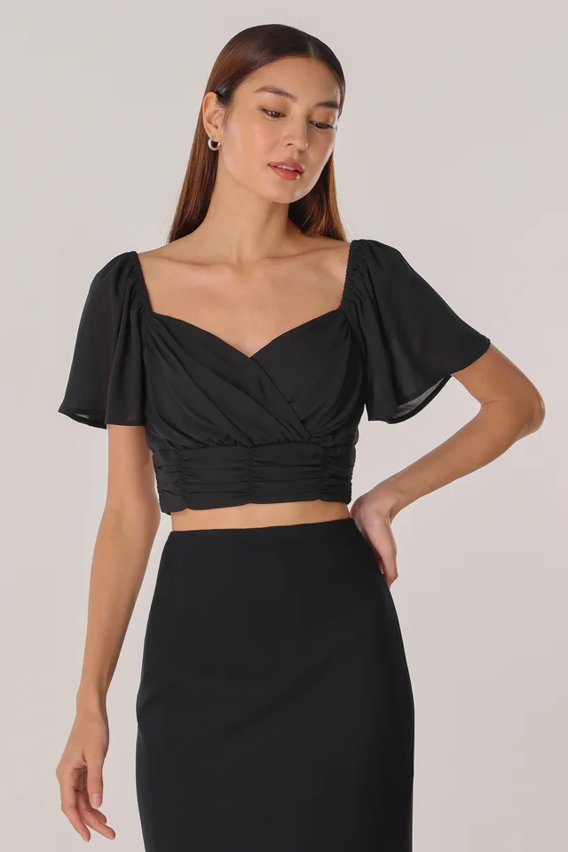 THERESA CHIFFON RUCHED WRAP TOP (BLACK)