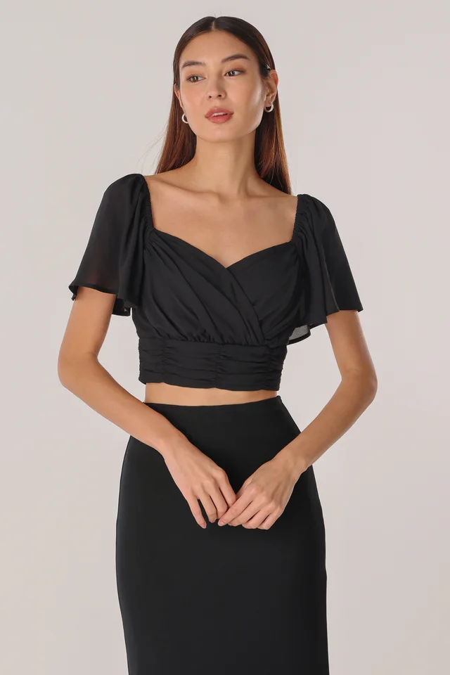 THERESA CHIFFON RUCHED WRAP TOP (BLACK)