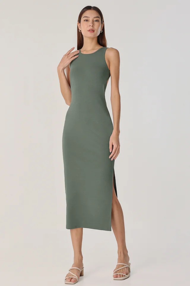 VANCE PADDED OPEN-BACK RIBBED RACER MIDI (THYME GREEN)