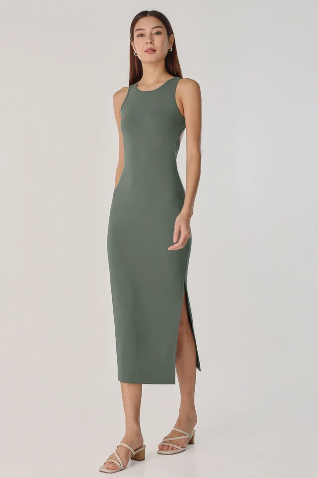 VANCE PADDED OPEN-BACK RIBBED RACER MIDI (THYME GREEN)