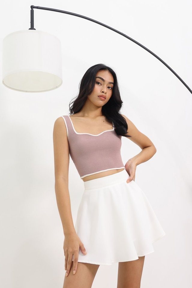 ANYA SWEETHEART CONTRAST TRIM KNIT CROP TOP (ROSE PINK WITH WHITE TRIM)