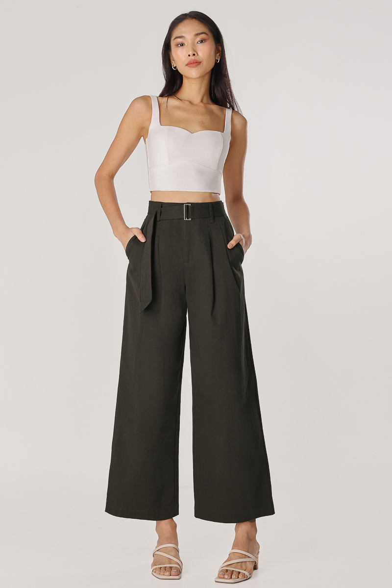 ELOY BELTED CARGO WIDE LEG PANTS (DARK MOSS) | Lovet