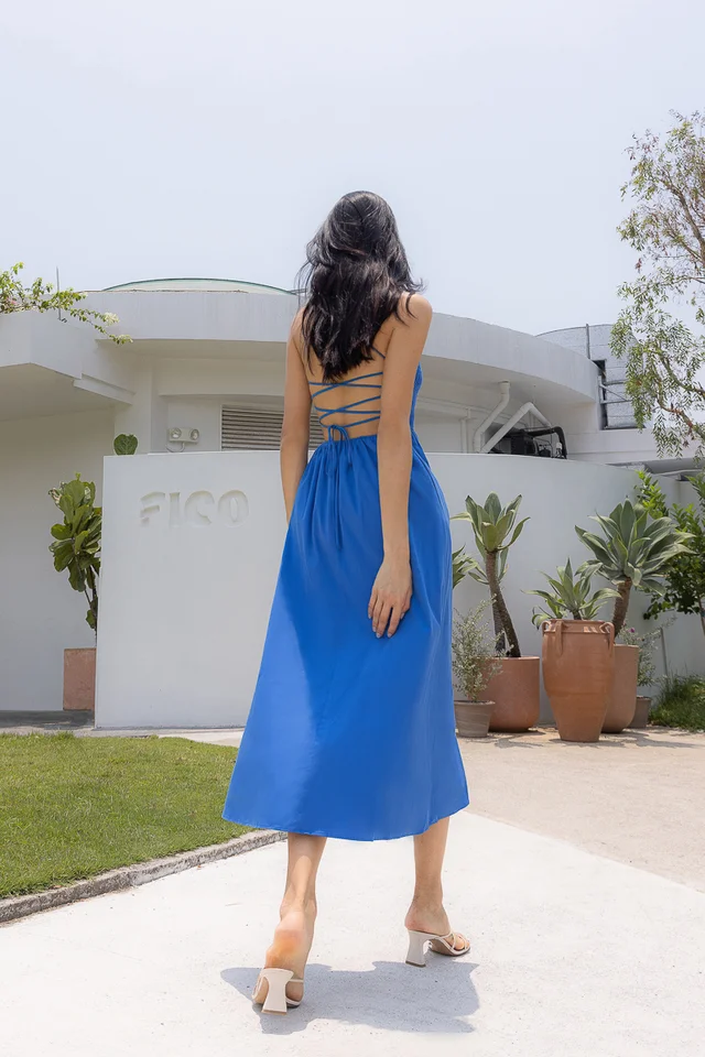 MELISA LACE BACK PADDED SHIRRED MAXI DRESS (SAPPHIRE BLUE)