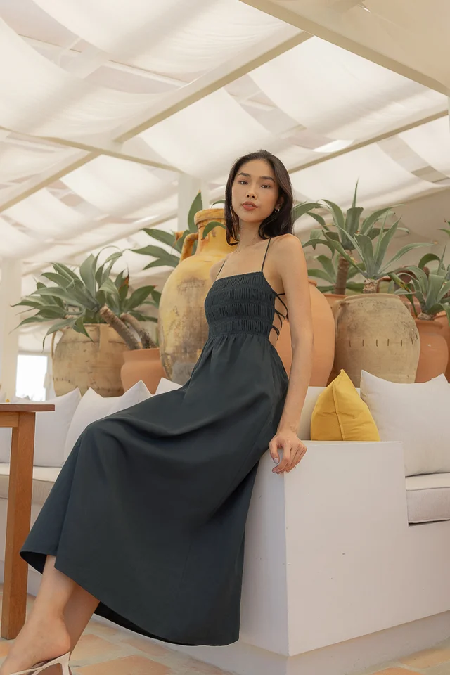 MELISA LACE BACK PADDED SHIRRED MAXI DRESS (KOMBU GREEN)