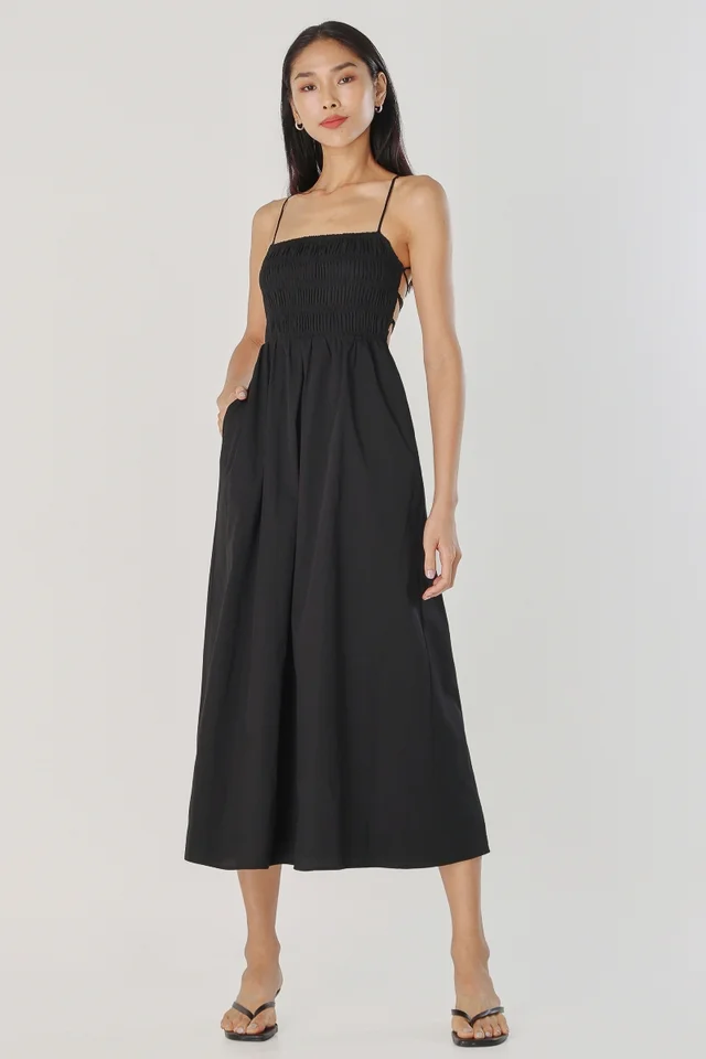 MELISA LACE BACK PADDED SHIRRED MAXI DRESS (BLACK)