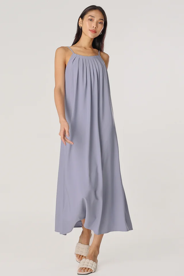 VERNA PLEATED SCOOP BACK PADDED MAXI DRESS (DOVE BLUE)