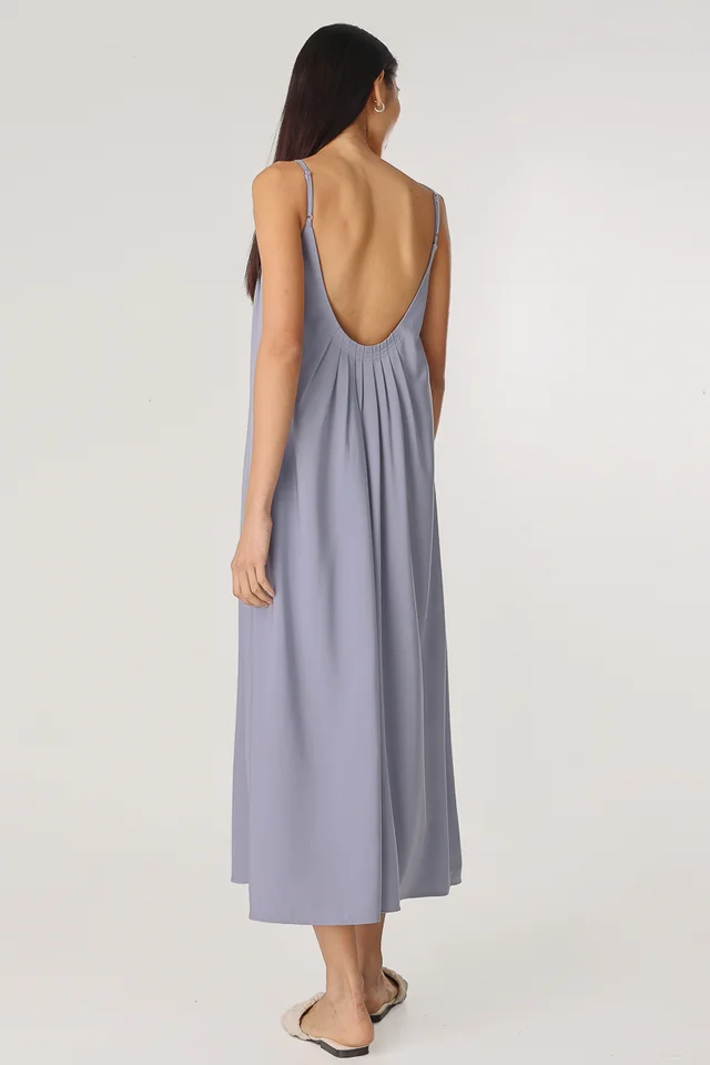 VERNA PLEATED SCOOP BACK PADDED MAXI DRESS (DOVE BLUE)