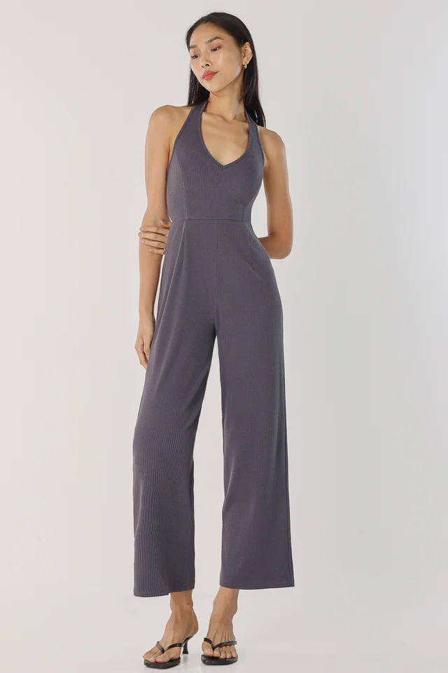AILEEN PADDED RIBBED HALTER JUMPSUIT (ASH GREY)