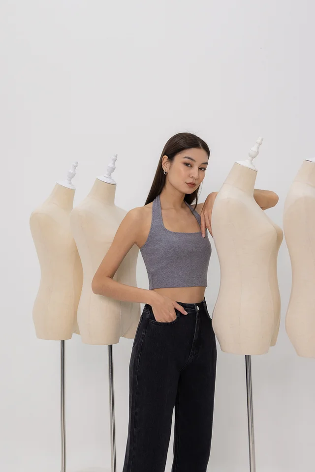 AIMEE HALTER PADDED RIBBED TOP (HEATHER GREY)