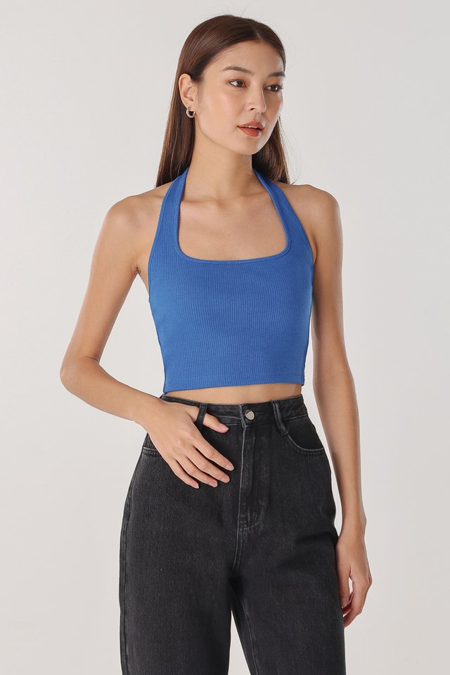 AIMEE HALTER PADDED RIBBED TOP (DYNAMITE BLUE)