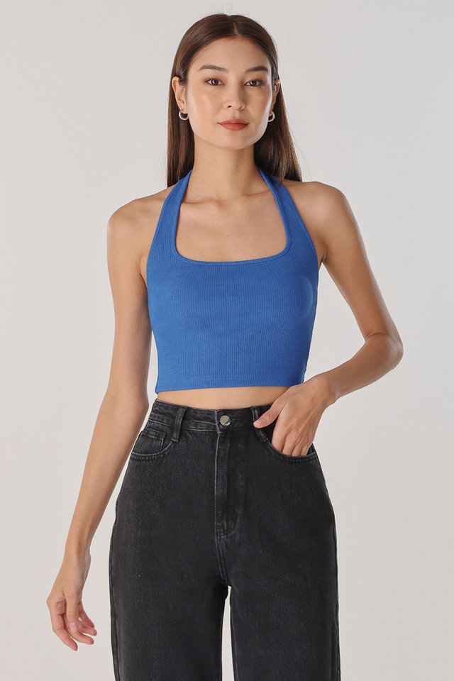 AIMEE HALTER PADDED RIBBED TOP (DYNAMITE BLUE)