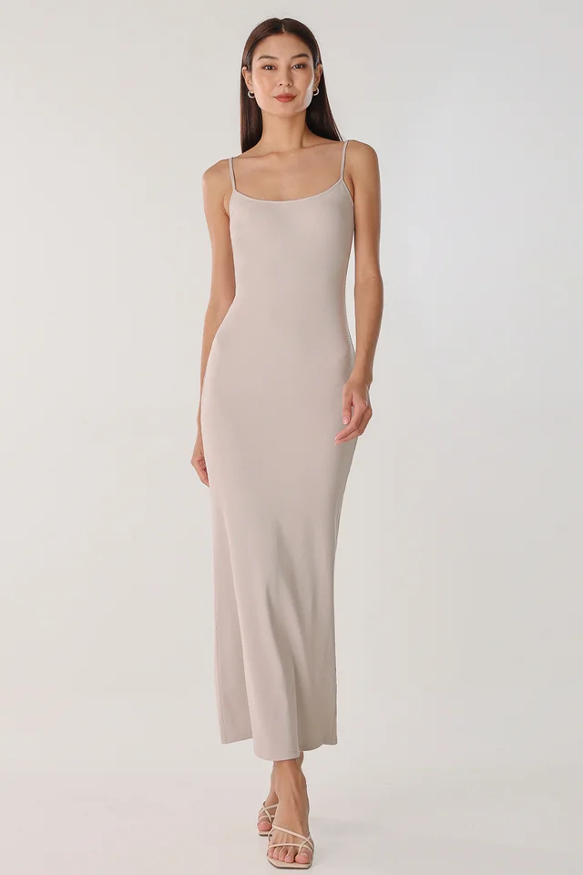 SECOND SKIN PADDED RIBBED CAMI MAXI DRESS (GREIGE)