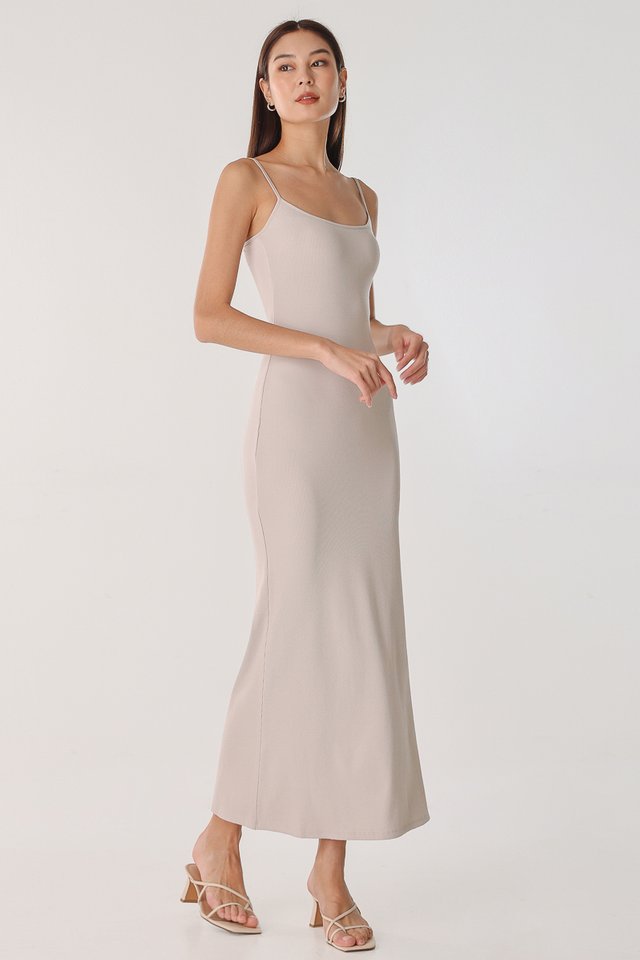 SECOND SKIN PADDED RIBBED CAMI MAXI DRESS (GREIGE)