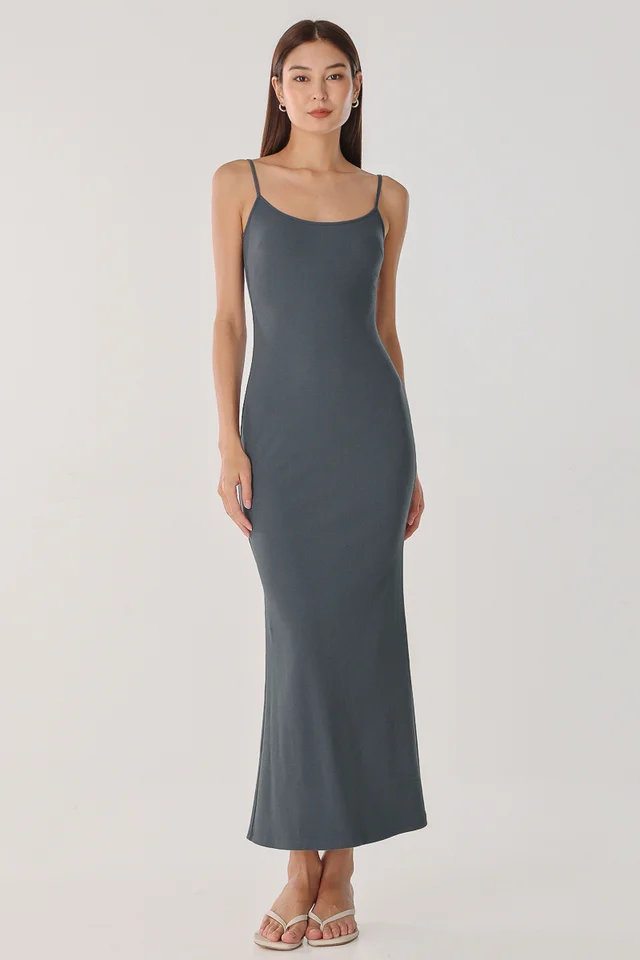 SECOND SKIN PADDED RIBBED CAMI MAXI DRESS (ASH BLUE)