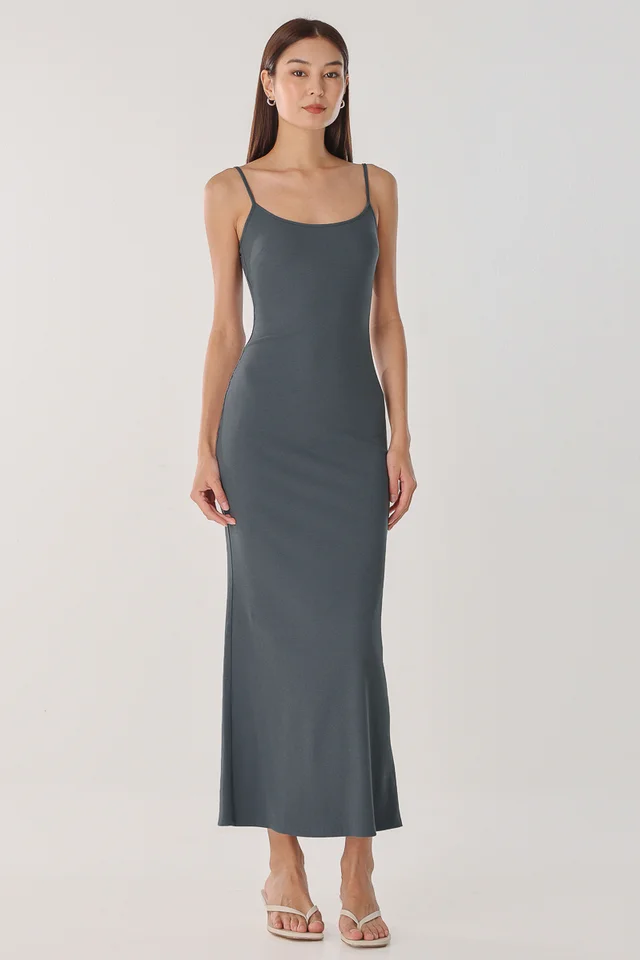 SECOND SKIN PADDED RIBBED CAMI MAXI DRESS (ASH BLUE)