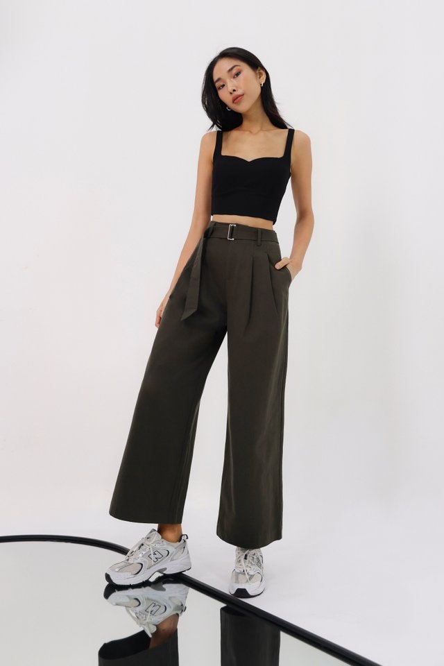 ELOY BELTED CARGO WIDE LEG PANTS (DARK MOSS)