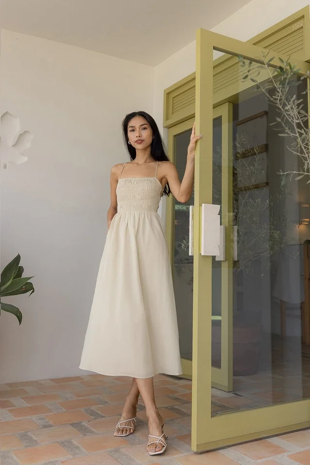 MELISA LACE BACK PADDED SHIRRED MAXI DRESS (OAT)